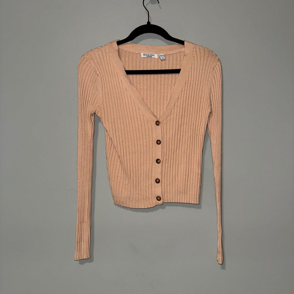 Brave Soul London Peach Ribbed V-Neck Button Front Slim Fit Cardigan Size‎ M